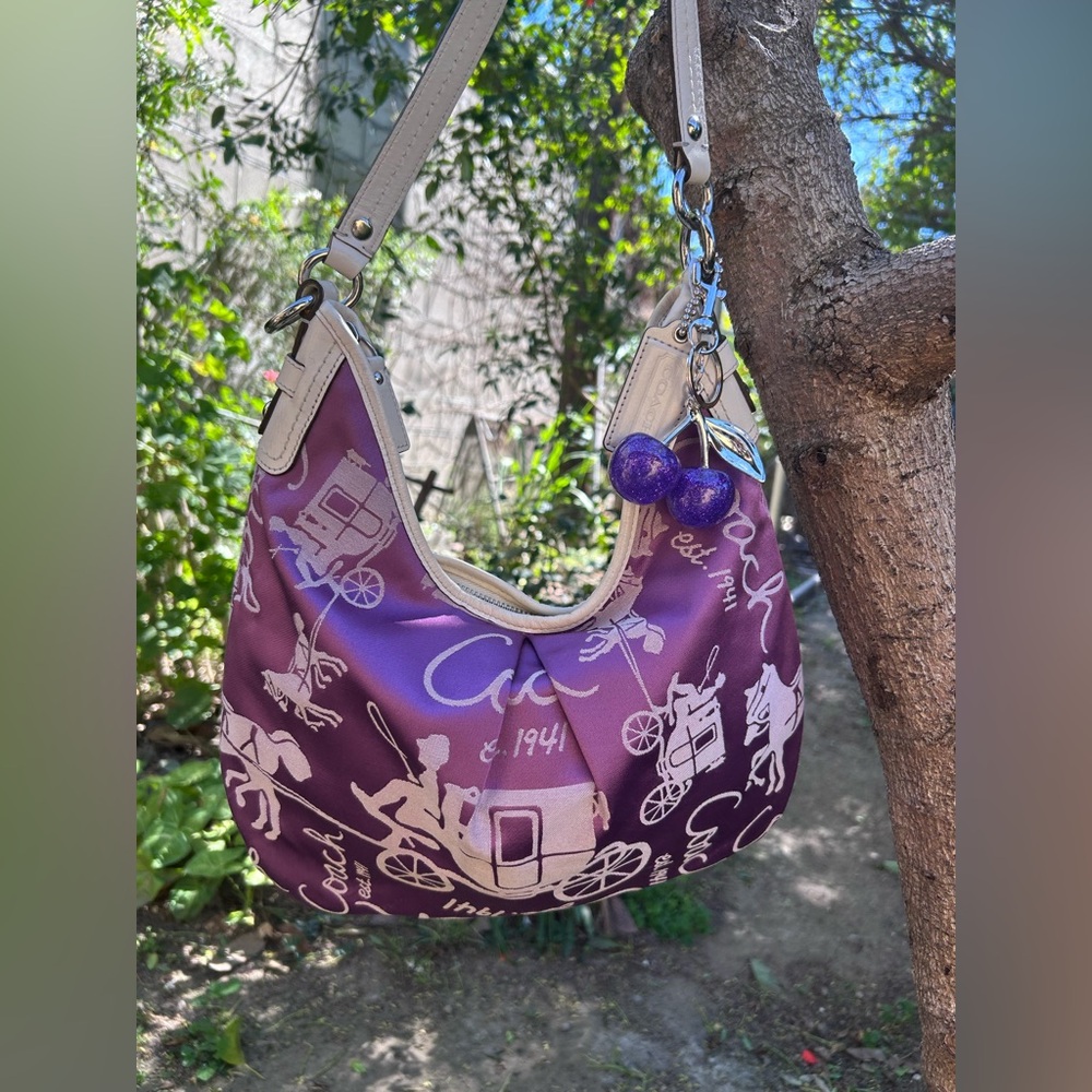 Coach Purple Logo Print Shoulder Hobo with Cream Trim